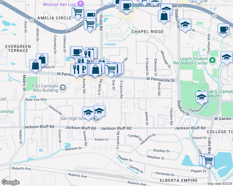 map of restaurants, bars, coffee shops, grocery stores, and more near 1917 Blackburn Avenue in Tallahassee