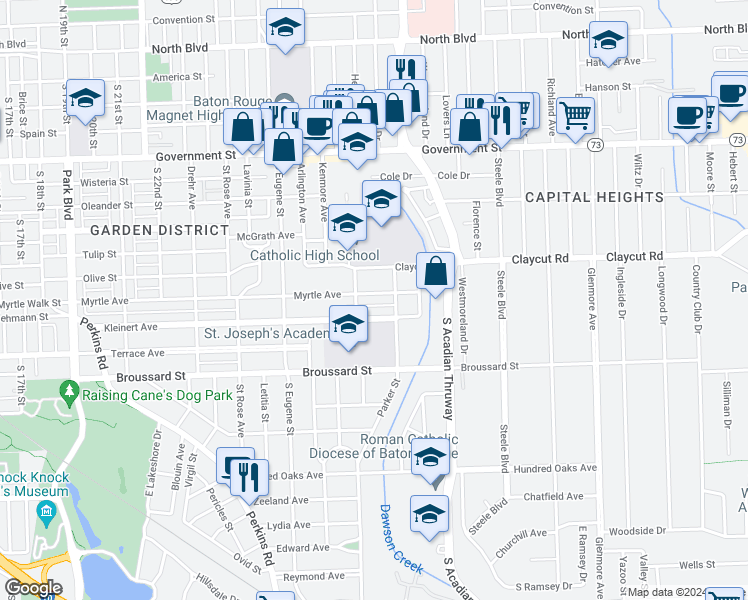 map of restaurants, bars, coffee shops, grocery stores, and more near 3212 Myrtle Avenue in Baton Rouge