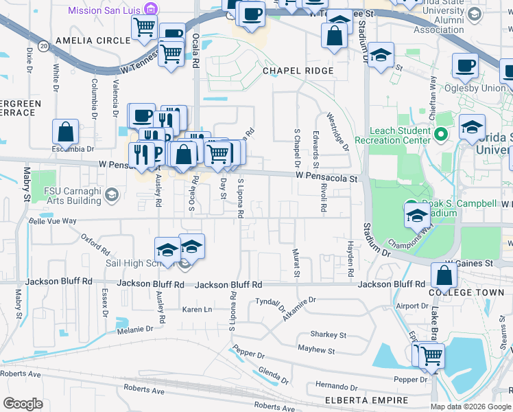 map of restaurants, bars, coffee shops, grocery stores, and more near 1862 Belle Vue Way in Tallahassee