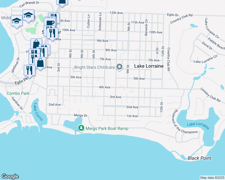 map of restaurants, bars, coffee shops, grocery stores, and more near 75A 3rd Avenue in Shalimar