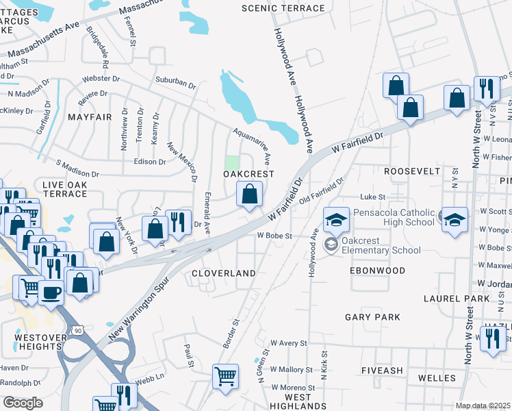 map of restaurants, bars, coffee shops, grocery stores, and more near 3700 West Fairfield Drive in Pensacola