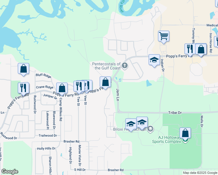 map of restaurants, bars, coffee shops, grocery stores, and more near 1961-1971 Popps Ferry Road in Biloxi