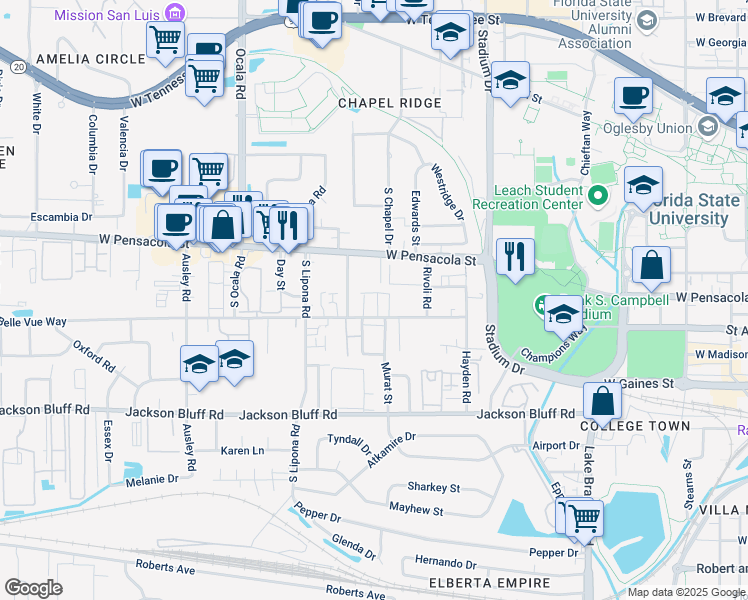 map of restaurants, bars, coffee shops, grocery stores, and more near 244 Soho Court in Tallahassee