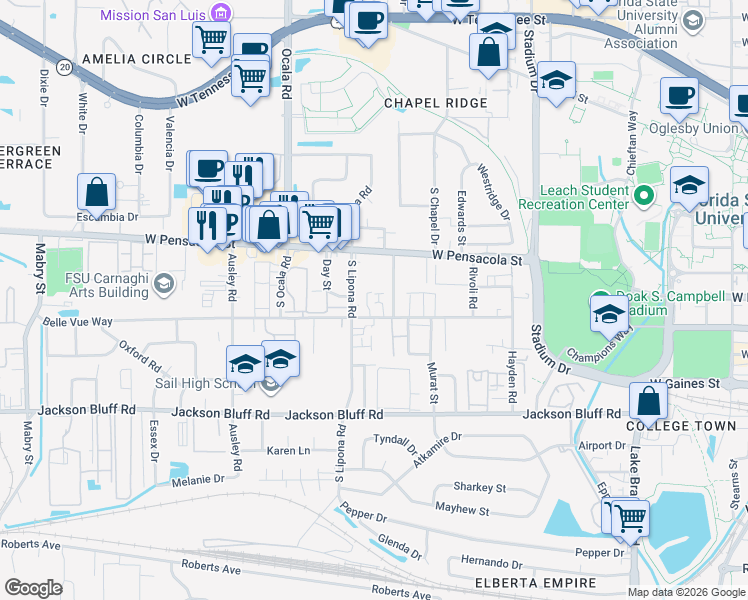 map of restaurants, bars, coffee shops, grocery stores, and more near 1862 Belle Vue Way in Tallahassee