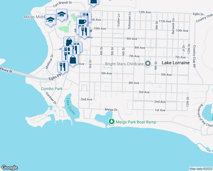 map of restaurants, bars, coffee shops, grocery stores, and more near 40 4th Avenue in Shalimar