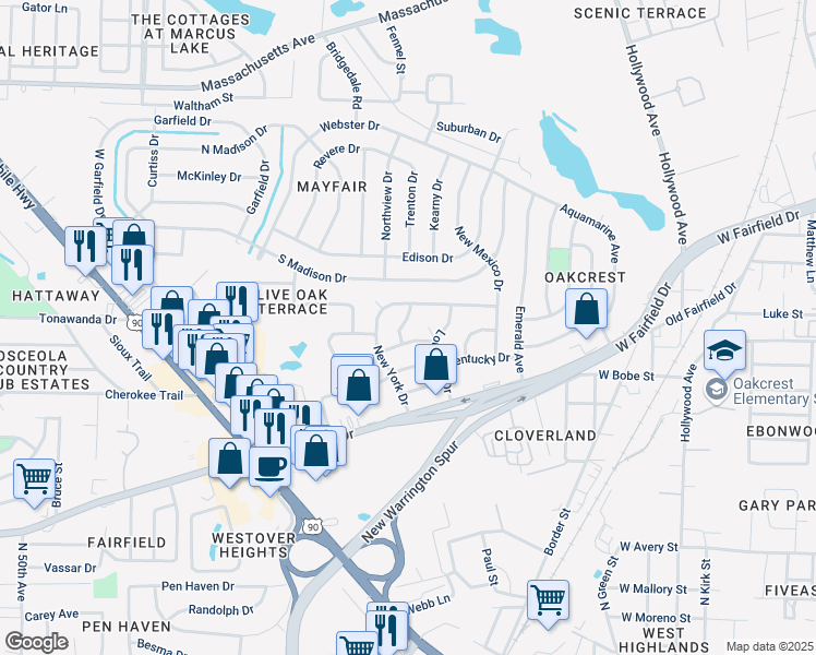 map of restaurants, bars, coffee shops, grocery stores, and more near 6 Wisconsin Drive in Pensacola