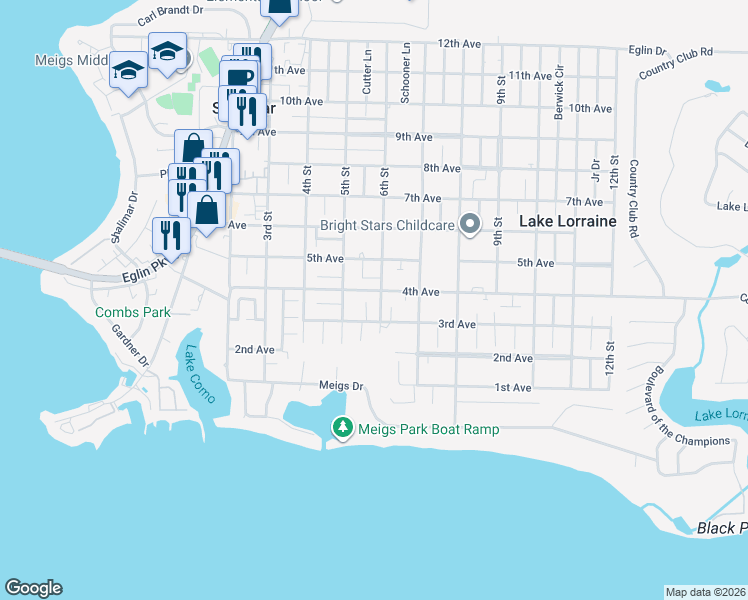 map of restaurants, bars, coffee shops, grocery stores, and more near 45 3rd Avenue in Shalimar