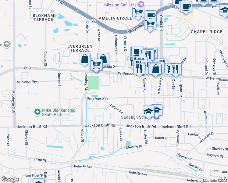 map of restaurants, bars, coffee shops, grocery stores, and more near 2214 Belle Vue Way in Tallahassee