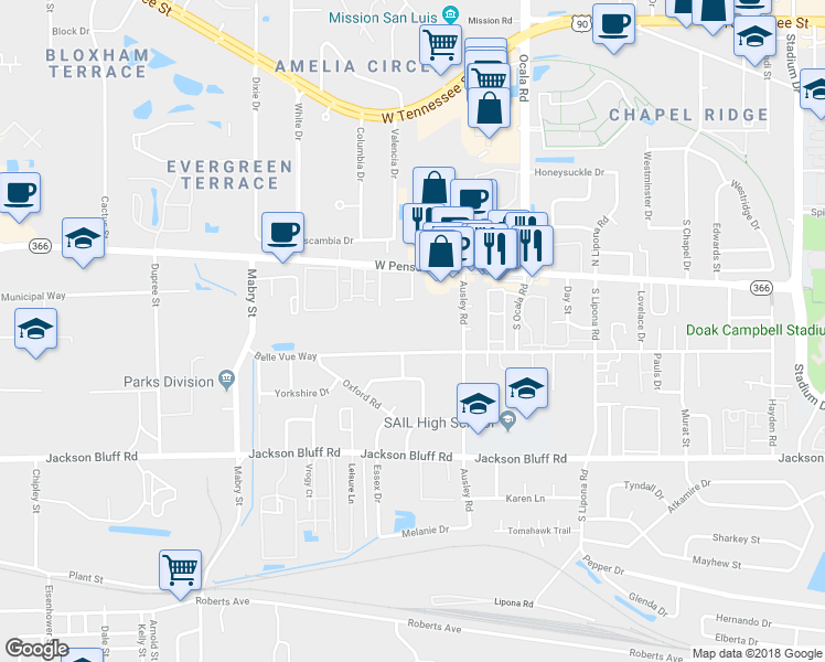 map of restaurants, bars, coffee shops, grocery stores, and more near 2150 Belle Vue Way in Tallahassee
