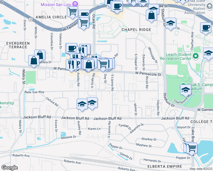 map of restaurants, bars, coffee shops, grocery stores, and more near 9 Day Street in Tallahassee
