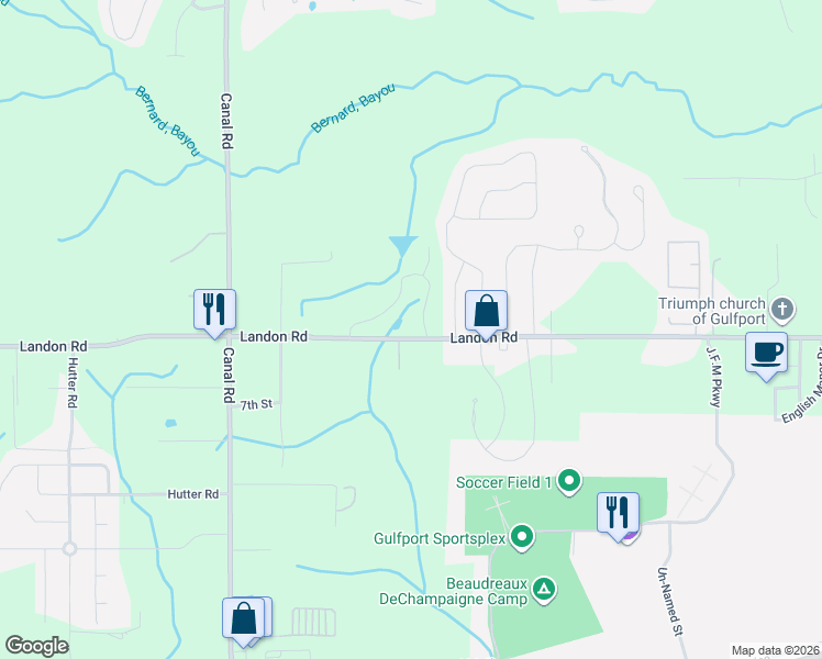 map of restaurants, bars, coffee shops, grocery stores, and more near 17328 Landon Road in Gulfport