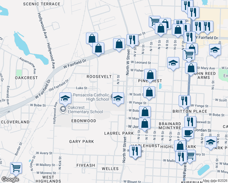 map of restaurants, bars, coffee shops, grocery stores, and more near 3020 West Scott Street in Pensacola