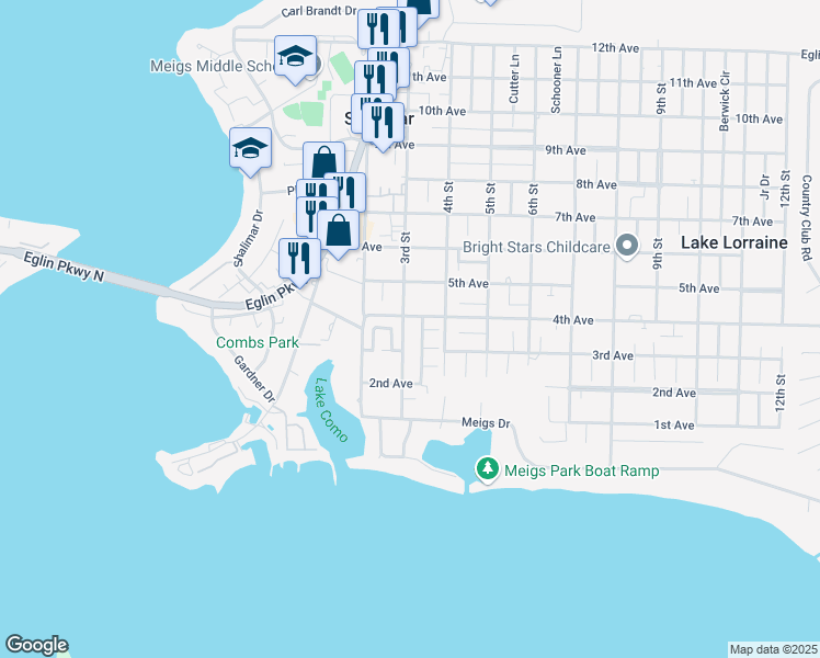 map of restaurants, bars, coffee shops, grocery stores, and more near 28 3rd Street in Shalimar