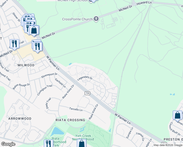 map of restaurants, bars, coffee shops, grocery stores, and more near 13401 Legendary Drive in Austin