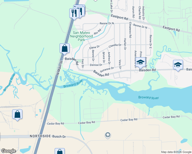 map of restaurants, bars, coffee shops, grocery stores, and more near 284 Baisden Road in Jacksonville