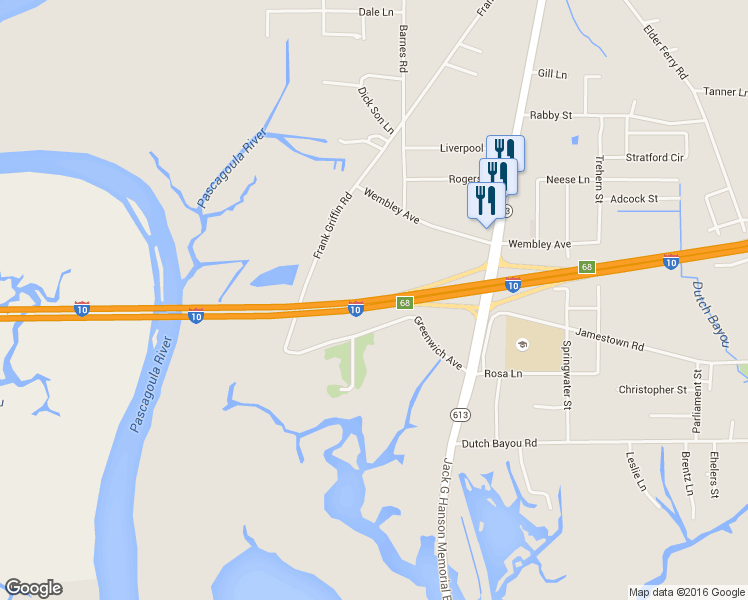 map of restaurants, bars, coffee shops, grocery stores, and more near Interstate 10 in Moss Point
