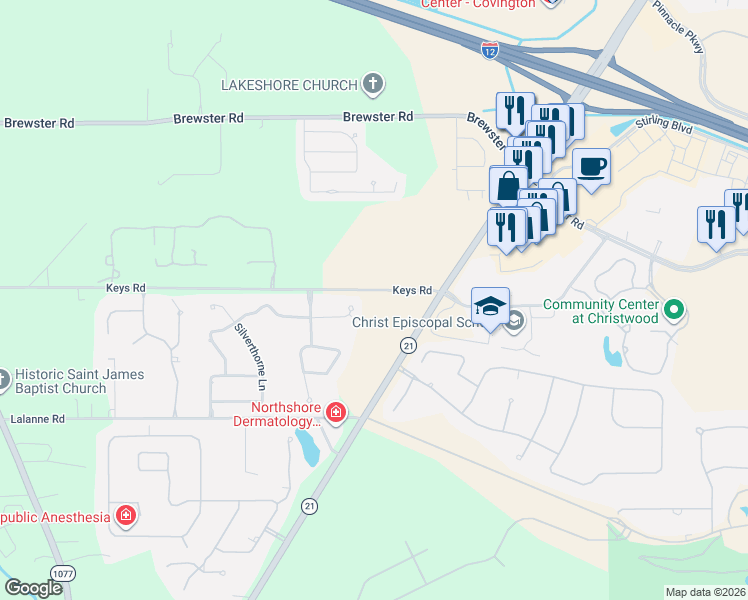 map of restaurants, bars, coffee shops, grocery stores, and more near 222 Shady View Lane in Covington