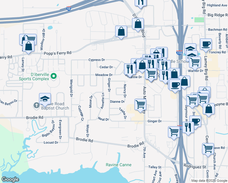 map of restaurants, bars, coffee shops, grocery stores, and more near 451 Ginger Drive in D'Iberville