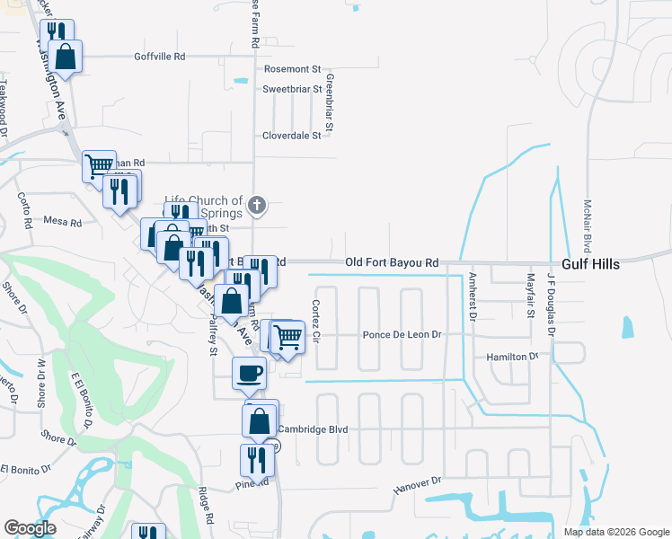 map of restaurants, bars, coffee shops, grocery stores, and more near 6648 Cortez Circle in Ocean Springs