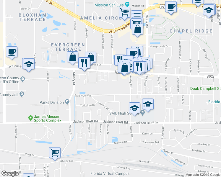 map of restaurants, bars, coffee shops, grocery stores, and more near 2214 Belle Vue Way in Tallahassee