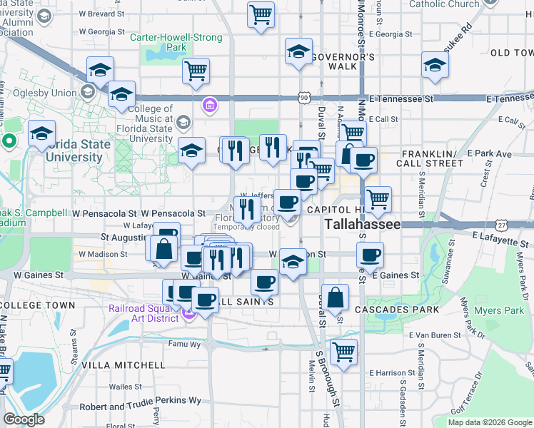 map of restaurants, bars, coffee shops, grocery stores, and more near 425 West Pensacola Street in Tallahassee