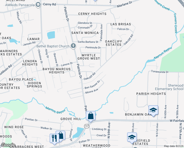 map of restaurants, bars, coffee shops, grocery stores, and more near 7105 Windsor Oak Drive in Pensacola