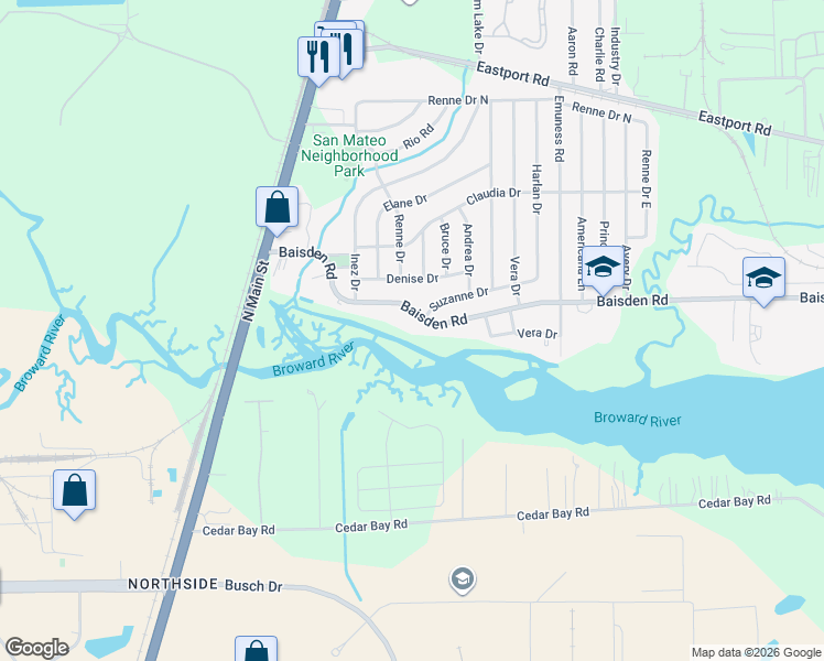map of restaurants, bars, coffee shops, grocery stores, and more near 284 Baisden Road in Jacksonville