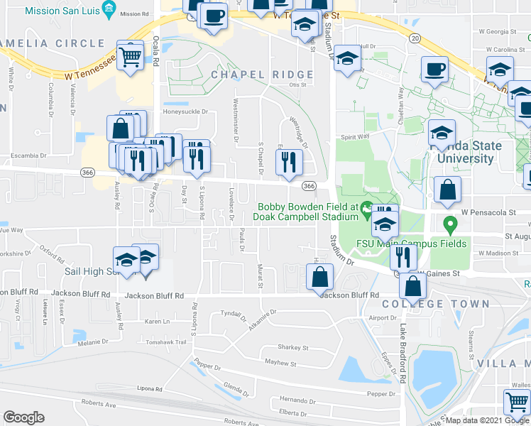 map of restaurants, bars, coffee shops, grocery stores, and more near 1736 Belle Vue Way in Tallahassee