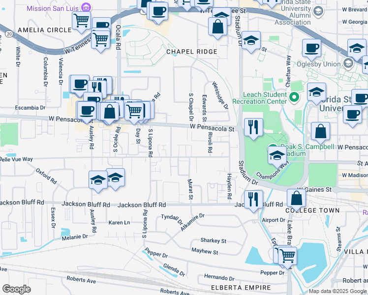 map of restaurants, bars, coffee shops, grocery stores, and more near 248 Gables Court in Tallahassee