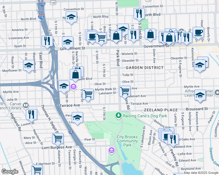 map of restaurants, bars, coffee shops, grocery stores, and more near 1825 Lehmann Street in Baton Rouge