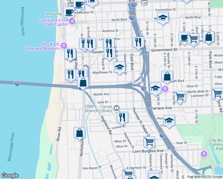 map of restaurants, bars, coffee shops, grocery stores, and more near 618 Myrtle Avenue in Baton Rouge