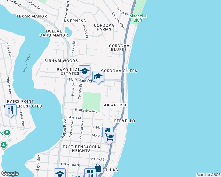 map of restaurants, bars, coffee shops, grocery stores, and more near 2391 Sugartree Court in Pensacola