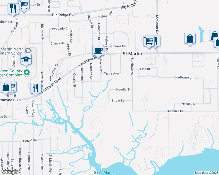 map of restaurants, bars, coffee shops, grocery stores, and more near 15520 Needle Street in Biloxi