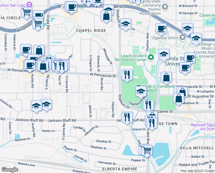 map of restaurants, bars, coffee shops, grocery stores, and more near 1612 Overstreet Street in Tallahassee