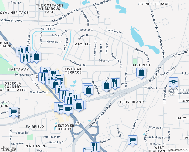 map of restaurants, bars, coffee shops, grocery stores, and more near 301 New York Drive in Pensacola