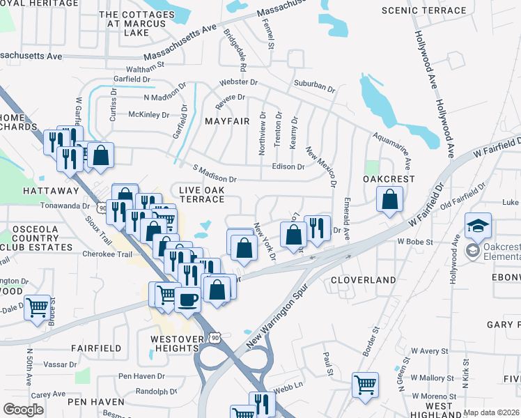 map of restaurants, bars, coffee shops, grocery stores, and more near 402 New York Drive in Pensacola
