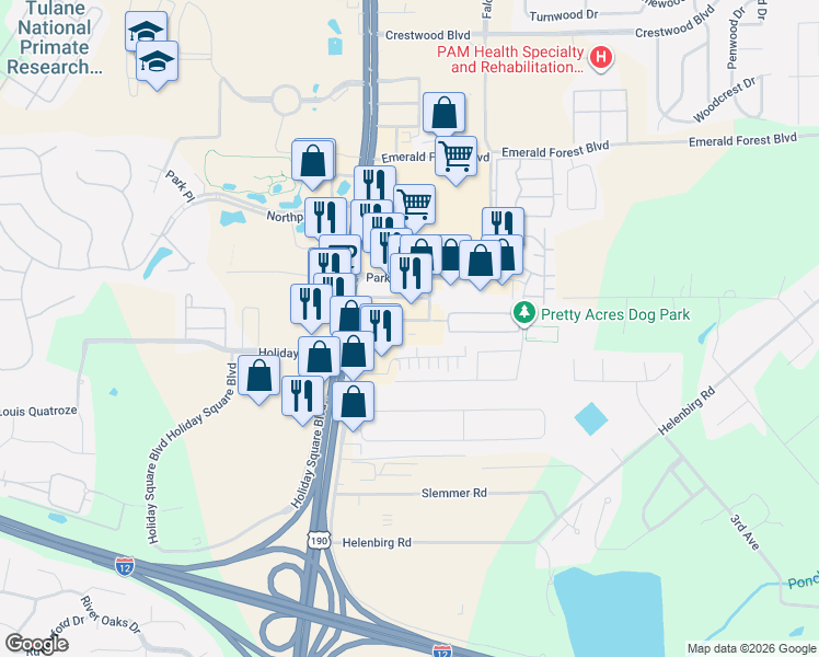 map of restaurants, bars, coffee shops, grocery stores, and more near 53 Hollycrest Boulevard in Covington