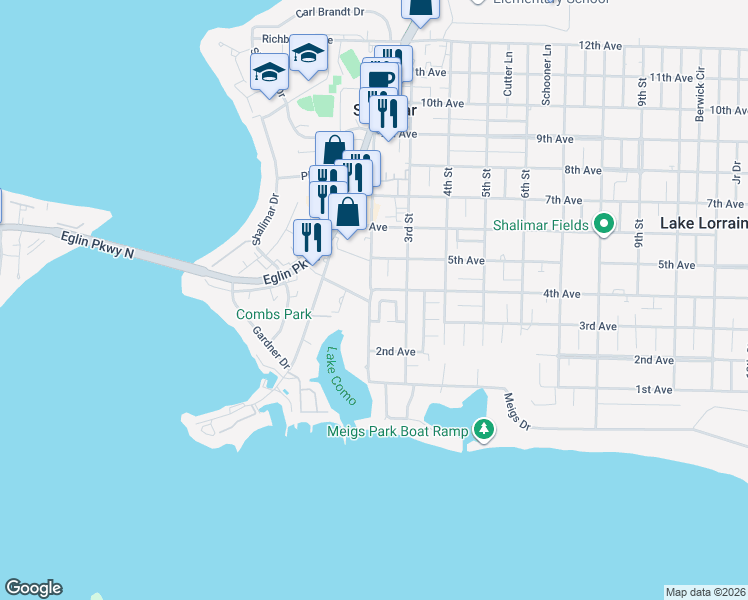 map of restaurants, bars, coffee shops, grocery stores, and more near 5 Meigs Drive in Shalimar