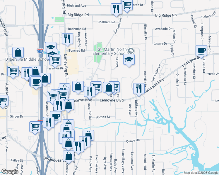 map of restaurants, bars, coffee shops, grocery stores, and more near 16 Douglas Drive in D'Iberville