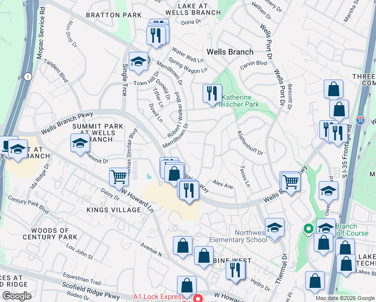 map of restaurants, bars, coffee shops, grocery stores, and more near 2110 Delvin Lane in Austin