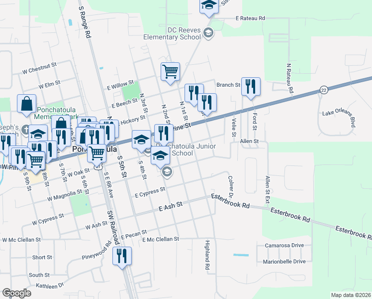 map of restaurants, bars, coffee shops, grocery stores, and more near 580 East Oak Street in Ponchatoula