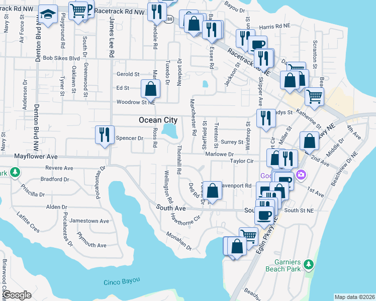 map of restaurants, bars, coffee shops, grocery stores, and more near 505 Thornhill Road in Fort Walton Beach