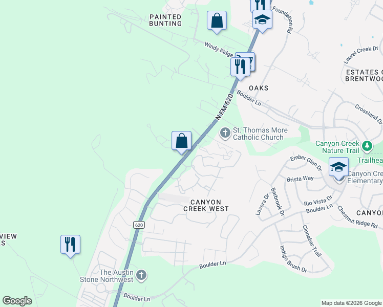map of restaurants, bars, coffee shops, grocery stores, and more near 9717-10013 Ranch Road 620 North in Austin