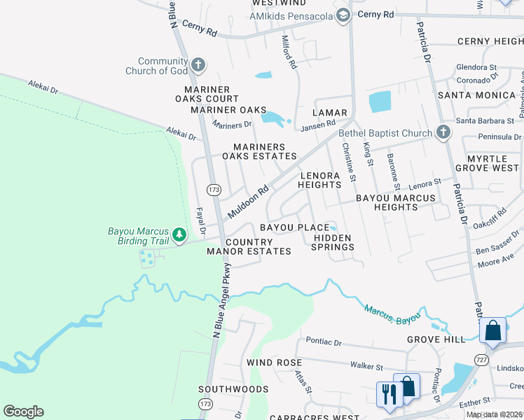 map of restaurants, bars, coffee shops, grocery stores, and more near 7960 Cayenne Way in Pensacola