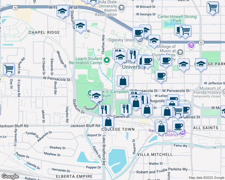 map of restaurants, bars, coffee shops, grocery stores, and more near 555 West Pensacola Street in Tallahassee