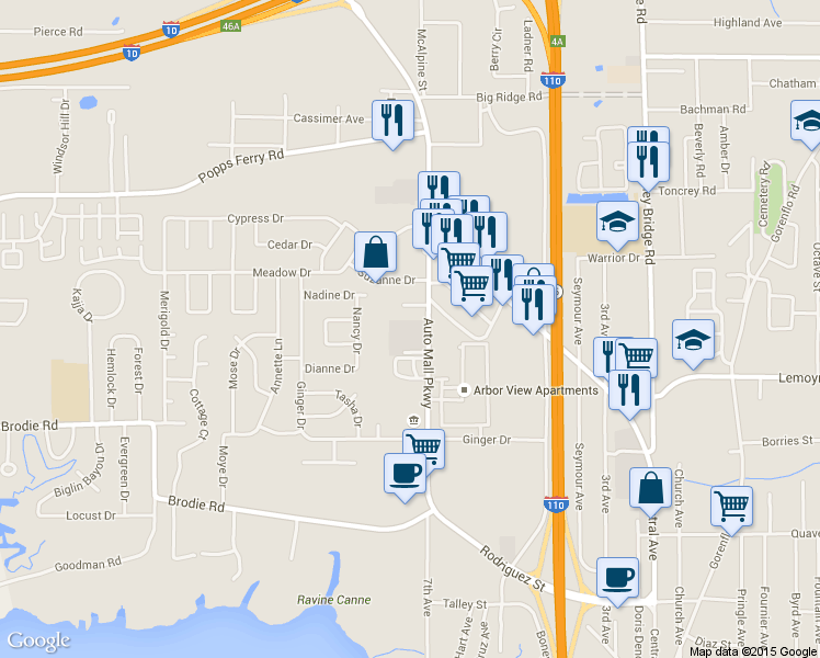 map of restaurants, bars, coffee shops, grocery stores, and more near 10581A Auto Mall Parkway in D'Iberville