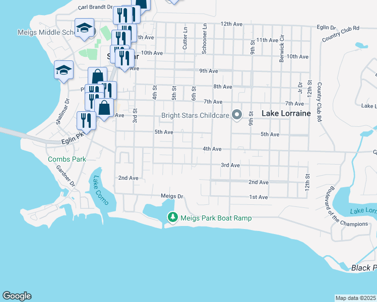 map of restaurants, bars, coffee shops, grocery stores, and more near 23 6th Street in Shalimar