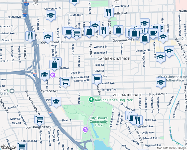 map of restaurants, bars, coffee shops, grocery stores, and more near 1031 Park Boulevard in Baton Rouge