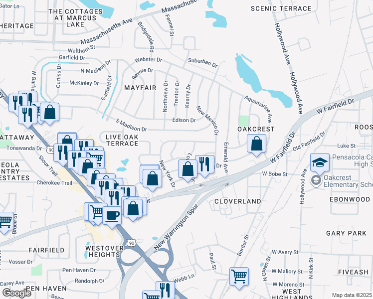 map of restaurants, bars, coffee shops, grocery stores, and more near 4 Idaho Court in Pensacola