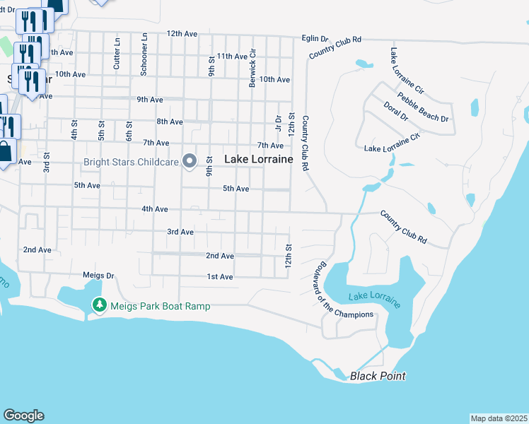 map of restaurants, bars, coffee shops, grocery stores, and more near 26 11th Street in Shalimar